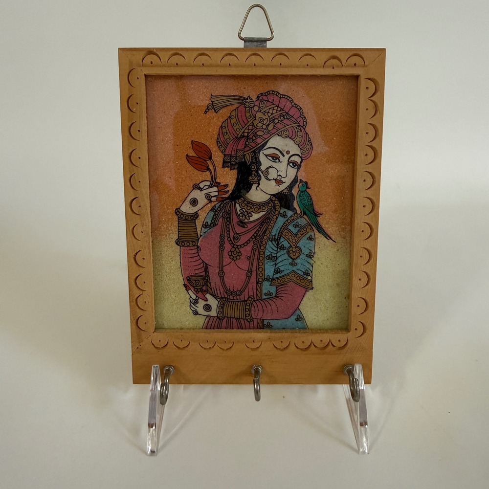 Indian Hand Painted Colored Sand Art Wooden Key Holder 3 Hooks Wall Decor